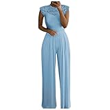 UODSVP Summer Pants Women, Short Jumpsuits for Women Sexy Casual Black One Piece Jumpsuit Navy Blue Suit Wedding Women's Fashion Jumpsuit Lace Neck Hollow Round Short Sleeve Solid Color (S, Blue)