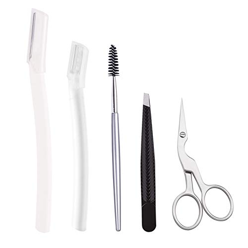 Eyebrow Grooming Set, Kememo Professional Slant Tip Tweezers & Curved Brow Shaping Scissors & 2PCS Brow Razors Trimmer & Eyebrow Spoolie Brush