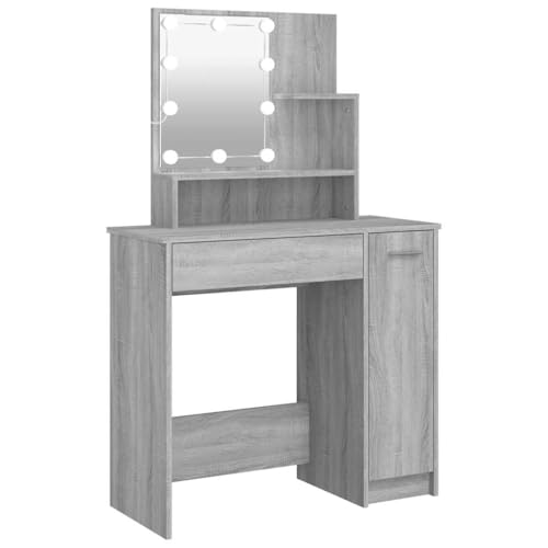 vidaXL Tocador con LED Maquillaje Muebles Almacenaje Baño Cuarto Adorno Vestidor Luz Iluminación Decoración Entrada Aseo Gris Sonoma