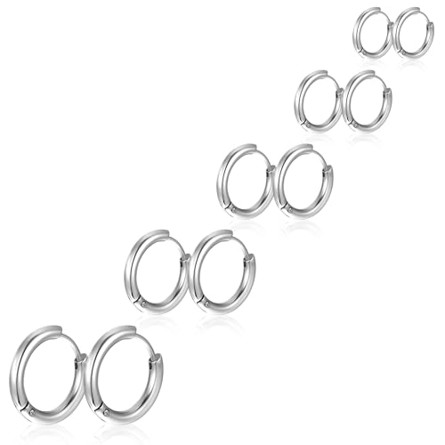 5 Pairs Solid Titanium Hoop Earrings Silver Small Stainless Steel Hoop Earrings 8mm 10mm 12mm 14mm 16mm Huggie Earring Hoops for Women Men