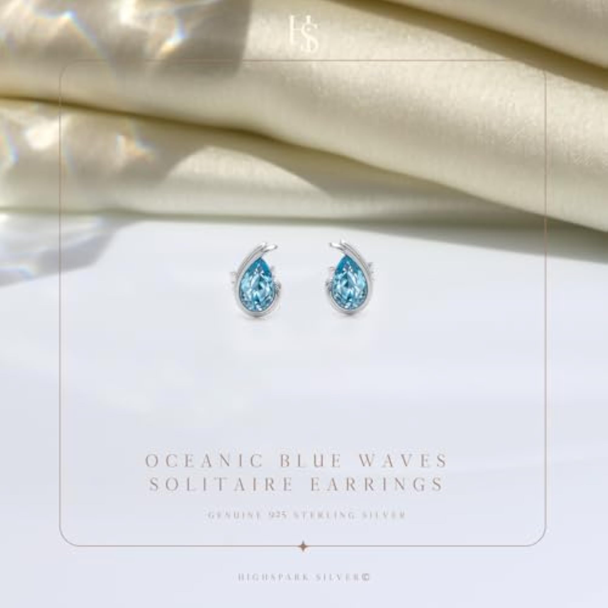Women's 925 Sterling Silver Oceanic Waves Solitaire Earrings, Zirconia