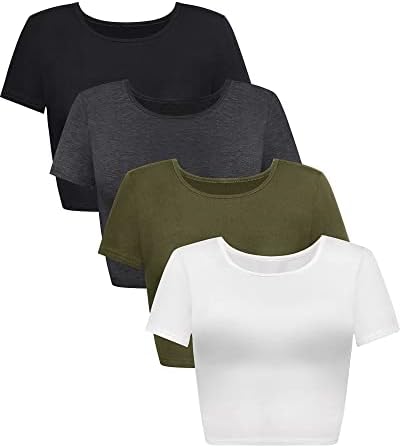 4 Pack Women’s Basic Tight Short Sleeve Women Cute Trendy Crop Tops Scoop Neck Crop for Women or Teen Girls