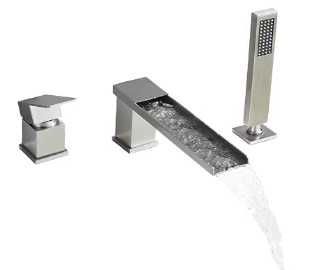 VAPSINT Modern Single Handle 3 Hole Deck Mount Brushed Nickel Waterfall Roman Bathtub Faucet, Tub Faucet Filler Set with Stainless Steel Handheld Shower Sprayer