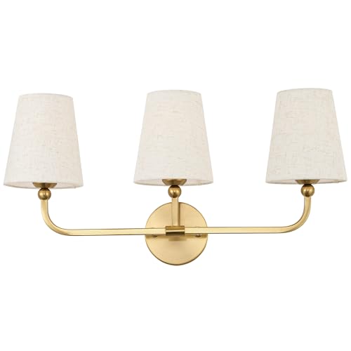 Image of 3-Light Bathroom Light Fixtures, Brushed Gold Vanity Lights with Linen Fabric Shade, Modern Sconces Wall Lighting for Hallway Bedroom, Upward Lighting, VL837-BG-A-3
