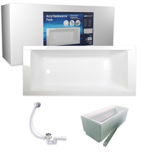 sanicomfort Badewanne Komplettset Form Rechteck 170x75 cm – Acryl-Badewanne weiß mit Wannenträger & Ablaufgarnitur, Wärmedämmung & Schalldämmung, pflegeleicht & robust