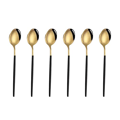 WANAONE 6pcs Tea Spoon Set, Black and Gold Plating Mini Teaspoons for Dessert Cake, Ice Cream (5.04 * 1.14inch)