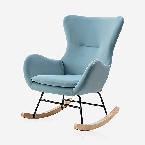 Tsuysi Velvet Rocking Chair Nursery, Upholstered Rocking Chairs with High Backrest and Armrests, Small Glider Chair for Nursery, Living Room, Bedroom (Light Blue)