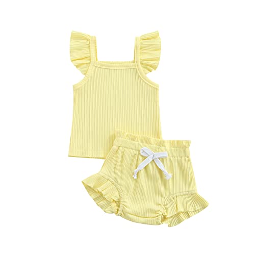 Newborn Baby Girl Outfits Ruffle Sleeveless Ribbed Shirt Tops Bloomer Shorts 2Pcs Set Summer Wear Clothes (1#Yellow, 18-24 Months)