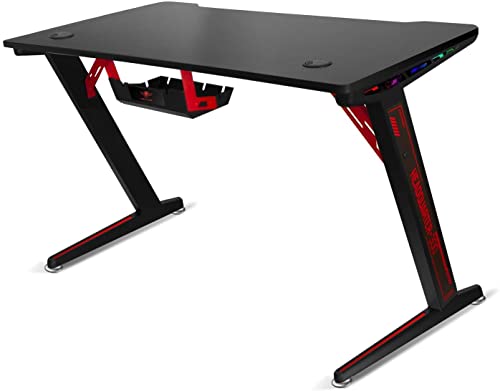 Spirit Of Gamer – HEADQUARTER-300 – Grand Bureau pour PC Gaming Ergonomique RGB/Table LED Gamer en Bois Massif Effet Carbone/Pieds Métalliques Robustes / 2 Câble Management