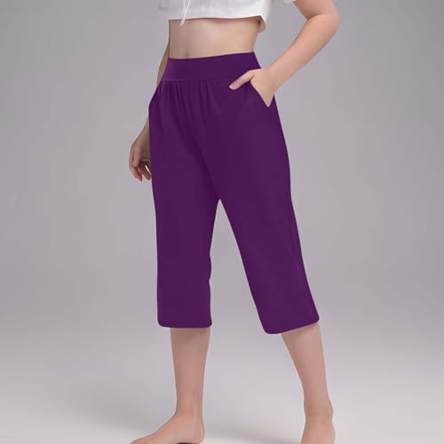 Girls' 𝐂apri Leggings Kids Workout Toddler Soft 𝗦tretch Crop Knee Pant Summer Cropped Pants with (Purple, 10-11 Years)3