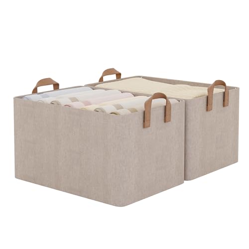 StorageWorks Storage Bins, Fabric Storage Bins for Shelves, Extra Large Storage Baskets with Metal Frame, Closet Baskets and Bins with Handles, Jumbo, Brown and Beige, 2-Pack