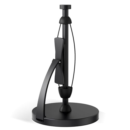 VEHHE Paper Towel Holder Countertop, Black Paper Towel Holder with Spring Activated Arm and Damping Effect, Simply Tear Paper Towel Stand for Bathroom