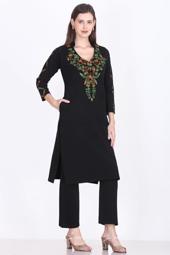 Image of Rosary Women's Woolen Winter Embroidered Kurta with Palazzo Pant | Warm Ethnic Suit Set - 2 Piece Outfit