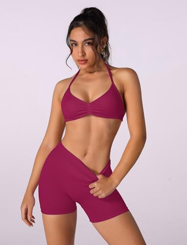 Image of ABOCIW Womens Seamless Workout Sets 2 Piece Strappy Halter Sports Bra Scrunch Butt Shorts Gym Yoga Outfits