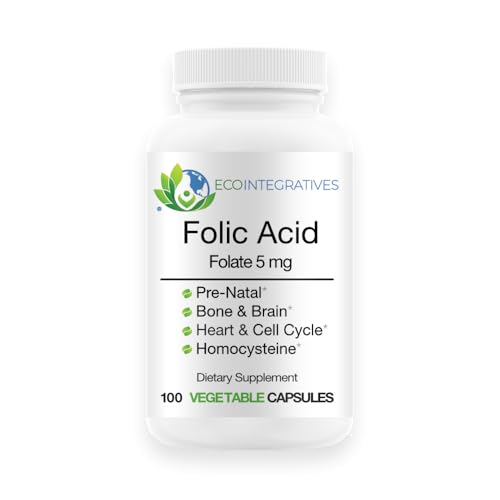 EcoIntegratives Folic Acid Folate 5mg (B9) Prenatal Reproductive Health Homocysteine Metabolism Cardiovascular Bone Immune Support Allergen Free Non GMO - 100 Vegan Capsules