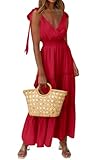 PRETTYGARDEN Women's 2025 Cross Neck Summer Sleeveless Tiered Maxi Dress Beach Tie Strap Smocked Long Dresses Pleated Sundress (Red,Large)
