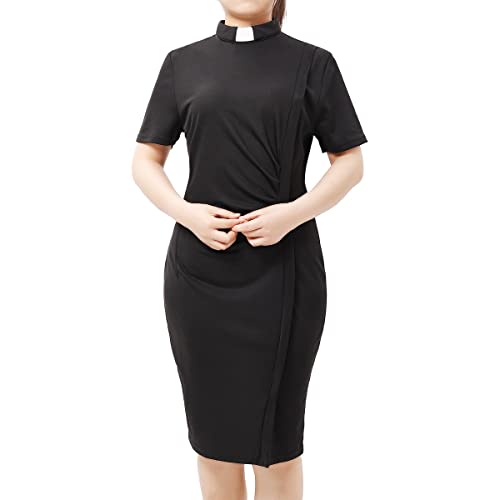 BLESSUME Black Church Female Clergy Priest Tab Collar Dress Short Sleeve Mass Liturgical Pencil Dress3