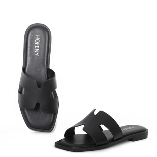 Image of Womens Slip On Flat Sandals Soft Leather Open Toe Slide for Summer Dressy