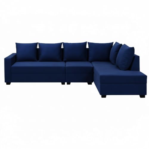 Image of FURNY Gloria 8 Seater Fabric RHS L Shape Sofa Set with 1 Centre Table & 2 Puffy (Dark Blue) Premium Velvet Finish | Ideal of Living Room