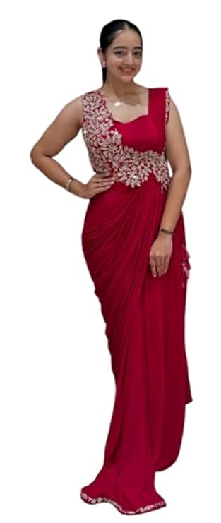 Women's Trending Designeer Embroidery cording work ready to wear saree with Embroidery Blouse For Party|| Wedding Red