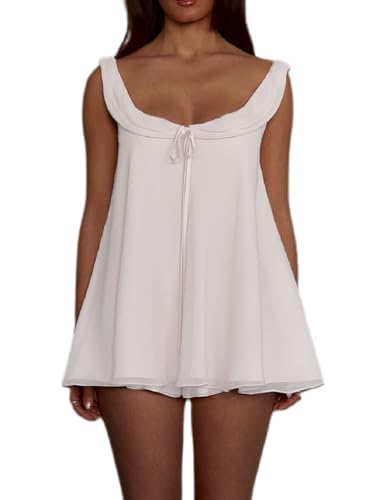 UAURORAO Women Cute Babydoll Shorts Set Sleeveless Chiffon Ruffle Tank Top Flowy Micro Shorts Bridesmaid Bridal Pajamas Pjs Loungewear(Elegant White Small)