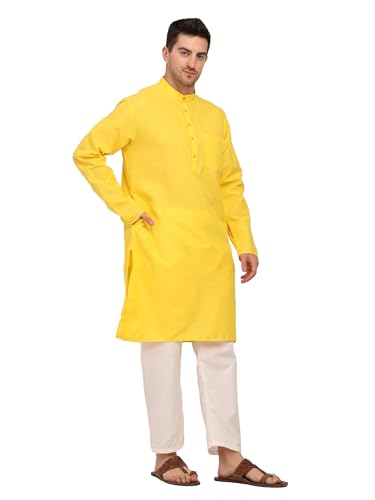 TOSQP27 Mens Cotton Kurta Pajamas Set Plain Yellow Gift Boys