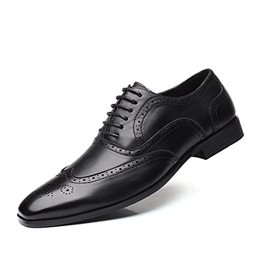 Dress Oxford for Men Lace Up Brogue Embossed Wing tip Burnished Toe PU Leather Rubber Sole Resistant Non Slip Block Heel Business(Black,10 M US)
