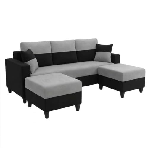 Image of Cavo 5 Seater L Shape Sofa Set with 2 Movable Ottomans | Flexible Layout | Luxury Velvet Suede Fabric | Modern Living Room Sofa | Black-Light Grey