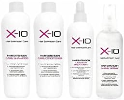 X-10 Hair Extension Care Set of 4  Care Conditioner 250 ml, Care Shampoo 250 ml, Leave-In Treatment 250 ml & Shine Spray 125 ml