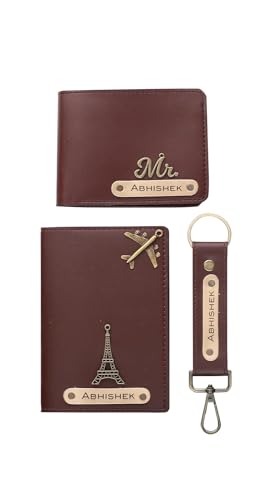 Image of Men Leather Personalized Wallet, Keychain and Passport Combo | with Name Printed Keychains Passports | Customised Gift Set with Name & Charm, Brown