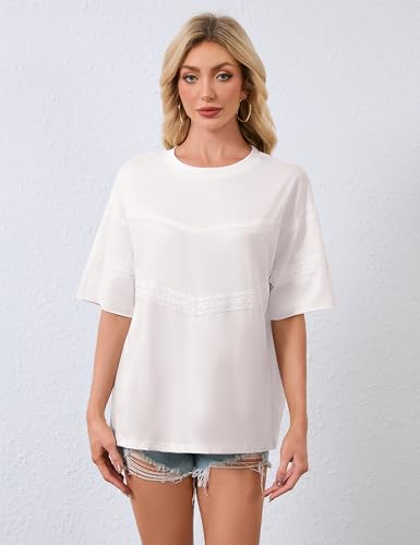 Women Oversized Tee Top Lace Contrast Short Sleeve Crew Neck Summer Tops Patchwork Cotton T-Shirt Streetwear2