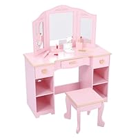 FinerFurnis Girls Vanity Table and Chair Set, Kids Vanity Makeup Desk for Little Girl, Wooden Toddlers Princess Dressing Table with 3 Drawers, Tri-Folding Mirror, Large Storage Shelves, Pink