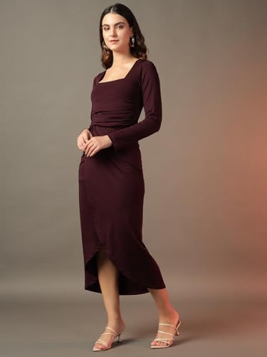 Image of Trend Arrest.ed Women's Bodycon Midi Dress | Square Neck Wrap Style | Stretchable | Full Sleeve Fitted Dress for Party, Evening, Casual Outings & Date Night