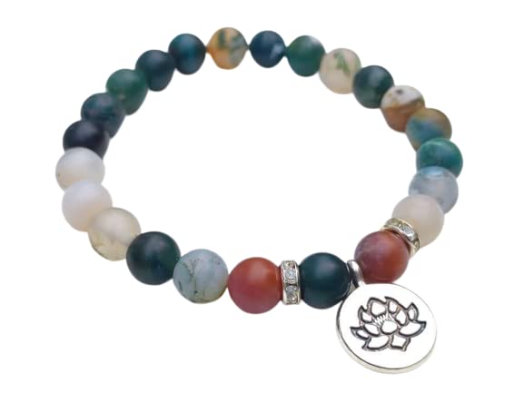 Bloodstone Crystal Beaded Silver Lotus Charm Bracelet