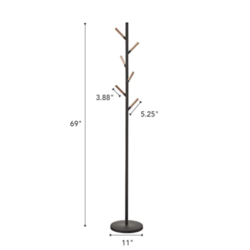Yamazaki Home Plain Freestanding Coat Hanger Rack With Wooden Hooks, Space Saving, 70" - Steel