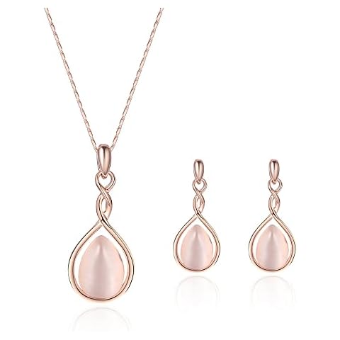 HSAJS Jewellery sets for women Pink Teardrop Pendant Bridal necklace and earring sets Rose Gold Embellished with Opal Fashion Wedding Jewelry Set Gift for Birthday (Pink) Cover