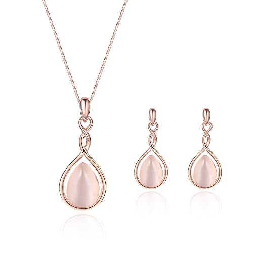 HSAJS Oro Rosa Conjuntos de Joyas para Mujer y Niñas,Cristal Juego de Collar y Aretes,Gota de Agua Collares y pendientes de plata Boda Fiesta Cumpleaños Día de San Valentín Regalos (Rosado) Cover