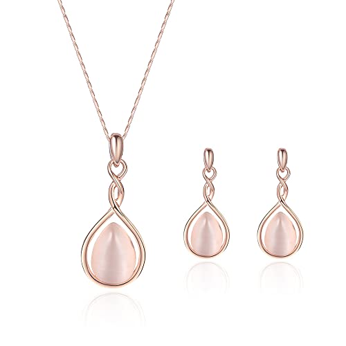 HSAJS Oro Rosa Conjuntos de Joyas para Mujer y Niñas,Cristal Juego de Collar y Aretes,Gota de Agua Collares y pendientes de plata Boda Fiesta Cumpleaños Día de San Valentín Regalos (Rosado)