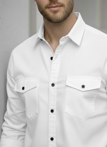 Image of DEELMO Men's Classic Cotton Blend Slim Fit Shirt || Full Sleeve Button-Down Casual Shirt with Dual Flap Pockets || Soft Breathable Fabric || Ideal for Office Party and Everyday Wear