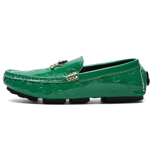 Men's Penny Loafers Patent Leather Skull Pattern Loafers Slip-On Driving Moccasins with Gold Skull Buckle Accent Boat Casual Dress Shoes2