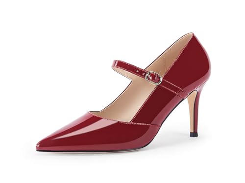 Image of Coutgo Womens Mary Jane Pumps Stiletto High Heels Closed Pointed Toe Buckle Strap Patent Leather Dress Wedding Party Shoes