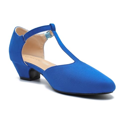 Image of MAIERNISI JESSI Women's T-Strap Mary Jane Pumps, Low Block Heel, Closed Toe, Buckle Ankle Strap