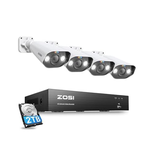 ZOSI 4K 8CH Spotlight PoE Security Camera System with 2TB HDD,4pcs 5MP Outdoor PoE IP Cameras,Smart Human Detection,2 Way Audio,Color Night Vision,8 Ports 16CH 8MP NVR for Home 24/7 Recordin