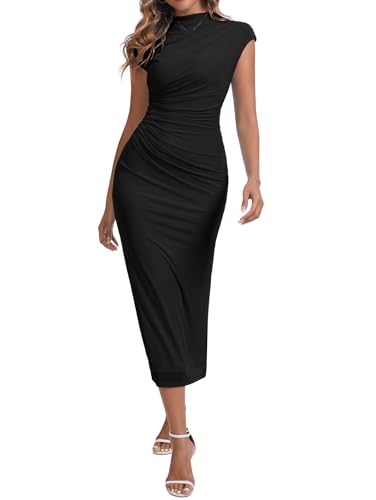 Women's Mock Neck Ruched Floral Mesh Bodycon Maxi Dress Cap Sleeve Tight Fitted Curvy Cocktail Club Party Dresses2