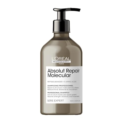 L’Oréal Professionnel, Champú Profesional Sin Sulfatos, Nutre en Profundidad, Repara Daños y Fortalece el Cabello, para Cabello Seco y Dañado, Fórmula Patentada, Absolut Repair Molecular, 500ml