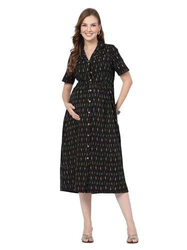 ZELENA Ikat Print Cotton Tiered Shirt Dress | Maternity & Nursing Friendly with Feeding Access & Pockets | Midi Dress for Pregnancy & Postpartum - Black