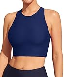 Ewedoos Women's Swim Bra Adjustable Strap Padded Sports Bra Swimsuit Top High Neck Bikini Top Dark Blue, X-Large