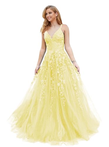 PEIYJYUSP Glitter Tulle Prom Dresses Long Ball Gown Lace Appliques V Neck Prom Dress for Women Formal Evening Party Gown