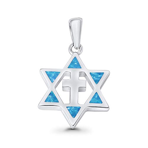 Blue Apple Co. Cross Star of David Pendant Lab Created Opal 925 Sterling Silver