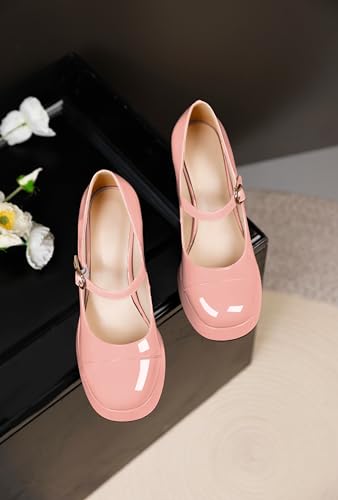 Soireelady Womens Chunky Platform Heels, Mary Jane Shoes Block Heel Pumps, High Heel Square Closed Toe Heels Ankle Strap Dress Shoes Comfort Fashion 4 Inches4